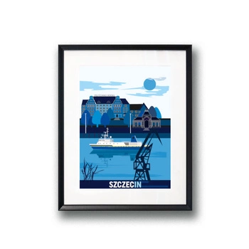 Autorskie grafiki w ramkach przedstawiające Politechnikę Morską w Szczecinie i motywy Szczecina