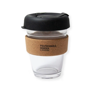 Kubek szklany z korkowym uchwytem z logo Politechniki Morskiej w Szczecinie