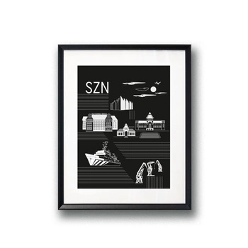 Autorskie grafiki w ramkach przedstawiające Politechnikę Morską w Szczecinie i motywy Szczecina