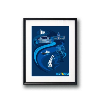 Autorskie grafiki w ramkach przedstawiające Politechnikę Morską w Szczecinie i motywy Szczecina